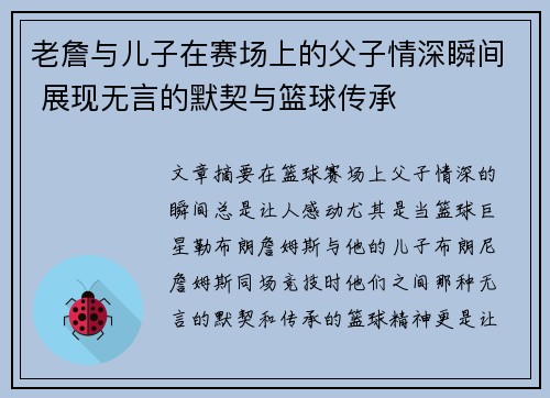 老詹与儿子在赛场上的父子情深瞬间 展现无言的默契与篮球传承
