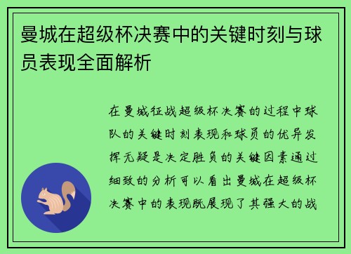 曼城在超级杯决赛中的关键时刻与球员表现全面解析 曼城在超级杯决赛中的关键时刻与球员表现全面解析