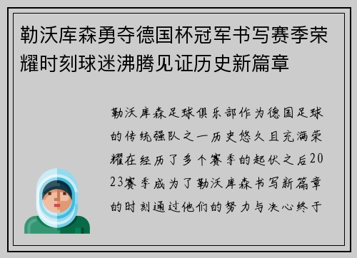勒沃库森勇夺德国杯冠军书写赛季荣耀时刻球迷沸腾见证历史新篇章